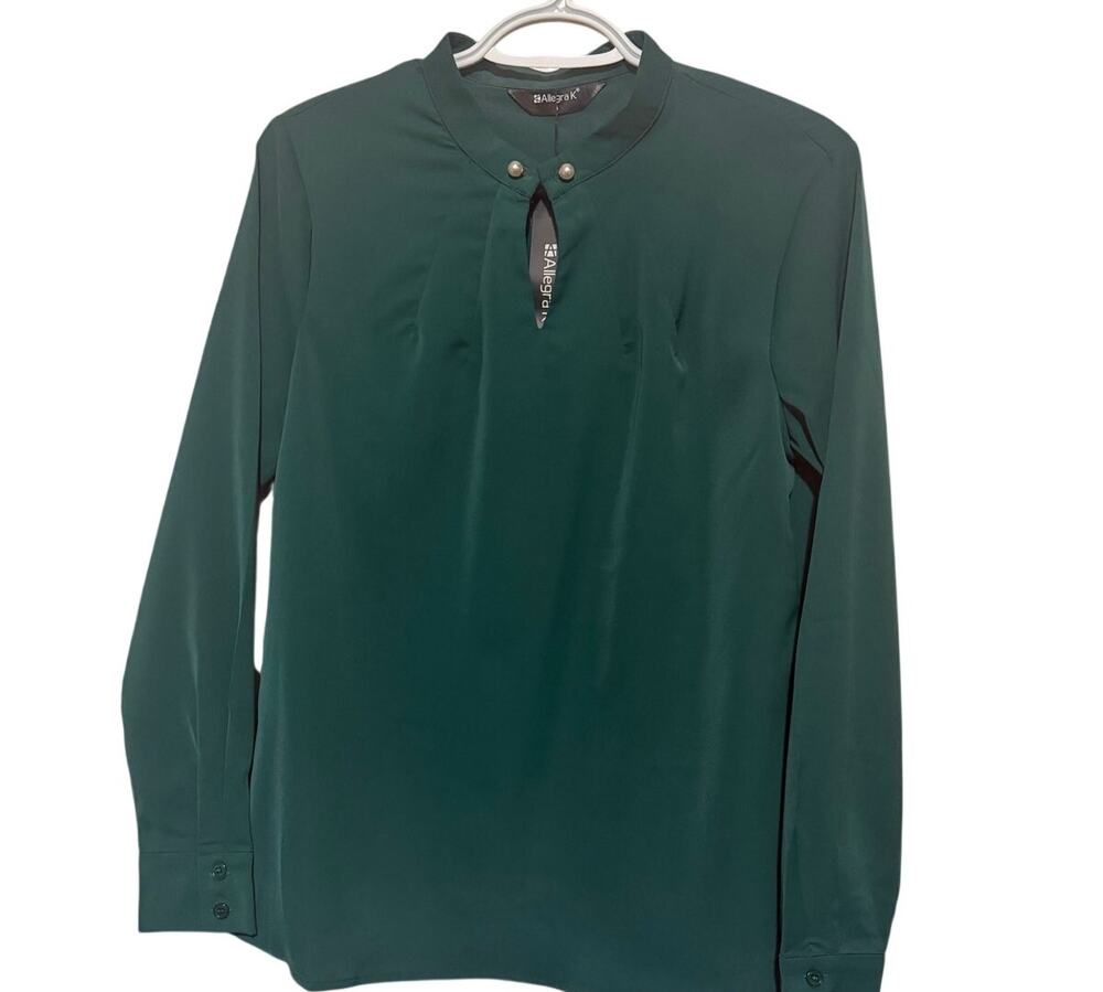Allegra‎ K Women's Green Long Sleeve Front Keyhole Pearl Accented Collar Size S